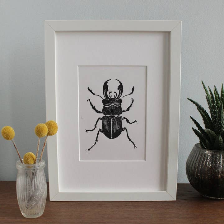 Jackdaw and Bear - Wholesale Art print - Stag Beetle Lino hand printed insect linocut print3