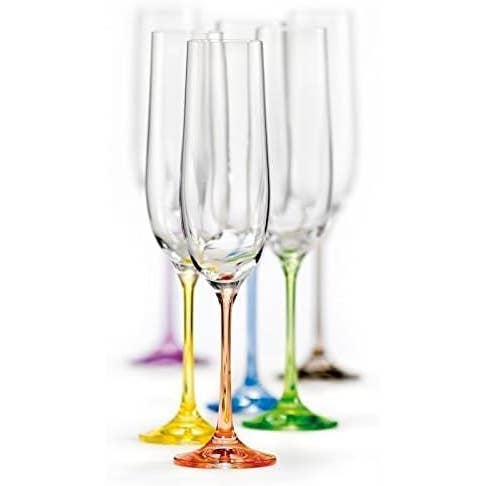 Crystalex 6.5 oz Champagne Flutes, Coloured Stems, Set of 6 for wholesale by NORTH AMERICAN CRYSTAL