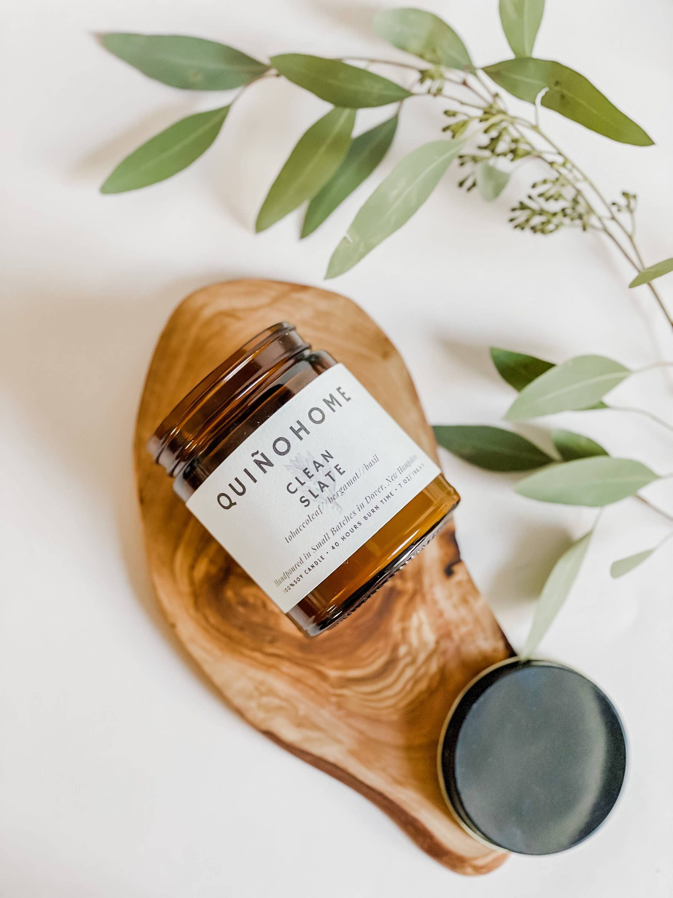 quiñohome - Wholesale Jar/Filled Candle - Clean Slate 7oz Soy Candle Jar// Tobacco Leaf, Bergamot, Basil// Hand Poured Soy Wax// Citrus Candle// Non Toxic Candle//Amber Jar Candle3