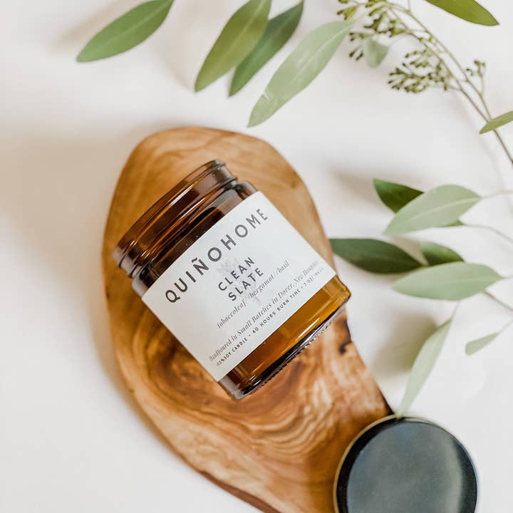 quiñohome - Wholesale Jar/Filled Candle - Clean Slate 7oz Soy Candle Jar// Tobacco Leaf, Bergamot, Basil// Hand Poured Soy Wax// Citrus Candle// Non Toxic Candle//Amber Jar Candle3