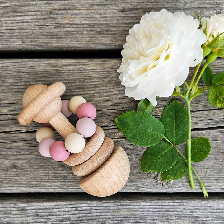 Summerville organic - Wholesale Handheld Rattle - Baby - Baby Wooden Rattle Silicone Beads Rose1