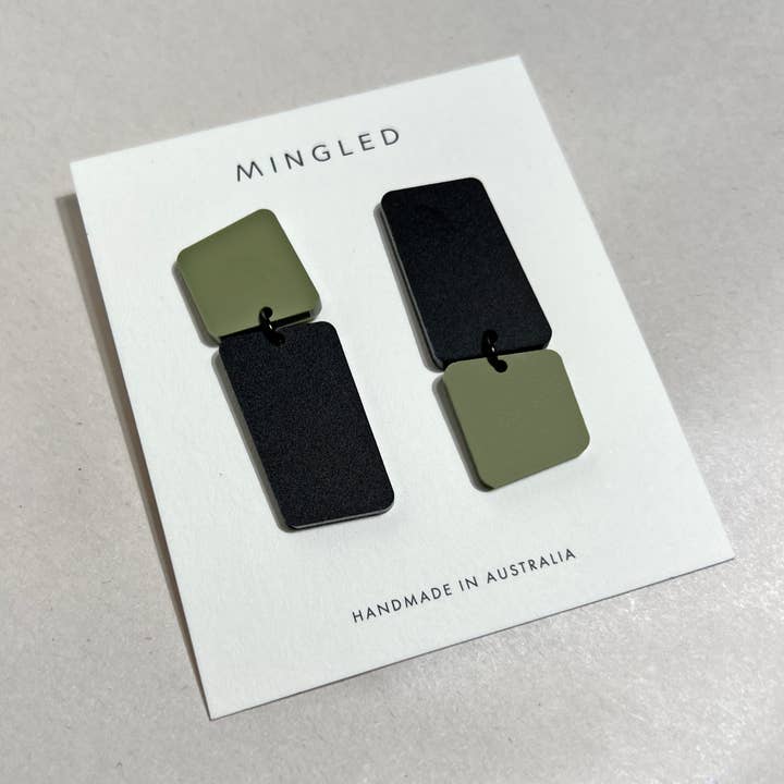 Bauhaus | Asymmetrical Dangle Earrings in Olive and Black for wholesale by Mingled
