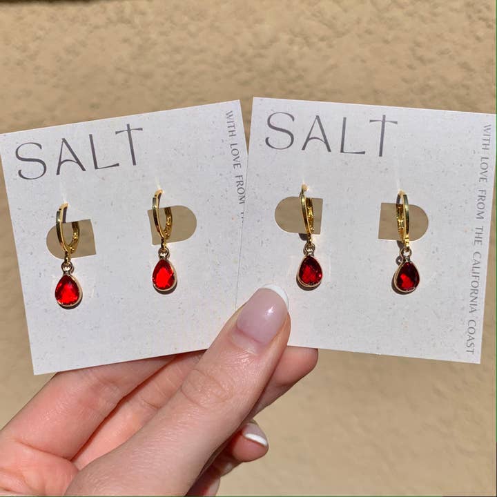 SALT by Sarah Curtis - Wholesale Huggie Earrings - RUBY RED HUGGIE HOOPS | gold