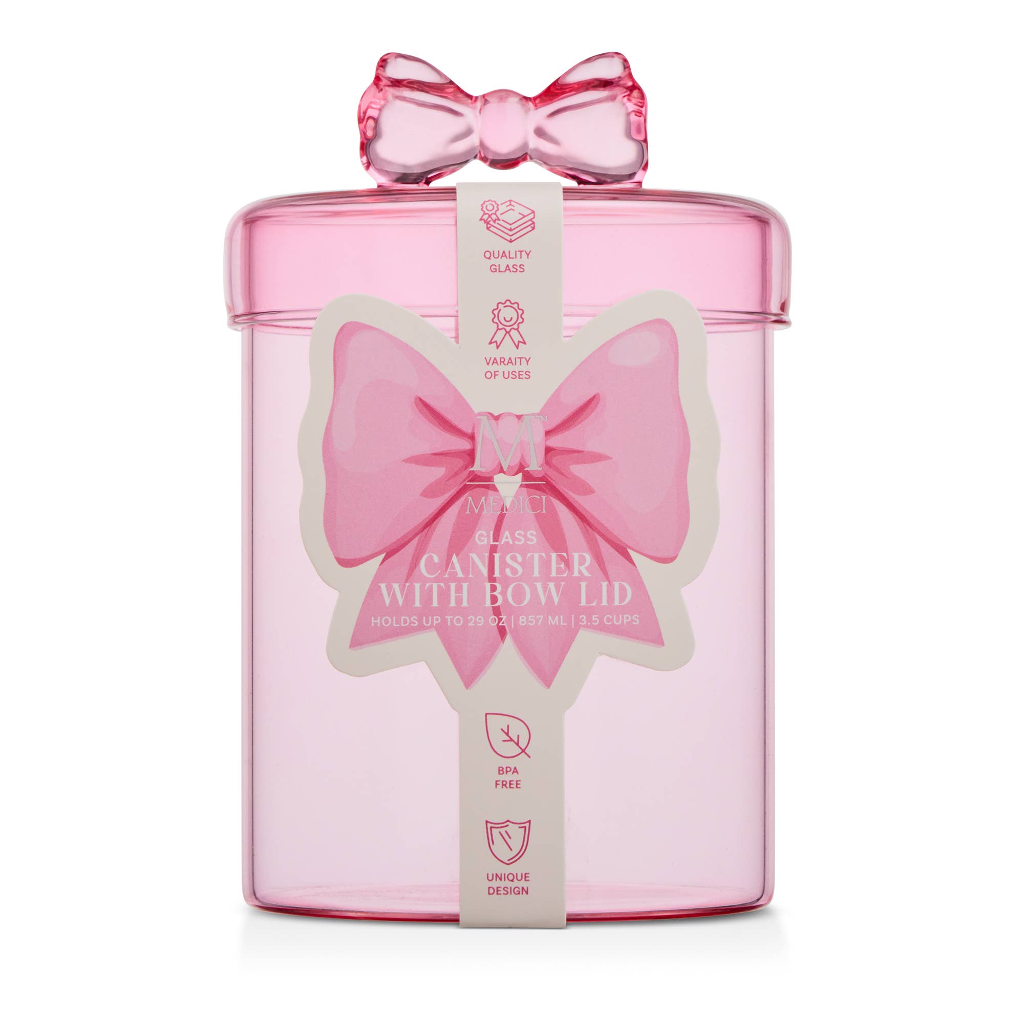 Core Home - Wholesale Canister - 29oz Glass Canister w/ Glass Bow Lid - Pink Lemonade1