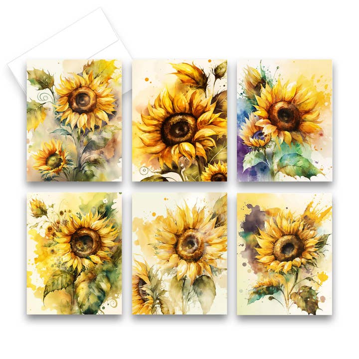 Aria Rae - Wholesale Everyday Greeting Card - Assorted Vintage Sunflower Field Greeting Cards, Set of 6