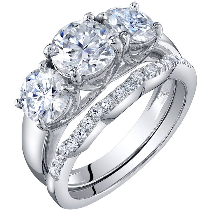 3-Stone Round Engagement Ring & Wedding Band Bridal Set for wholesale by DV Custom Jewelry USA