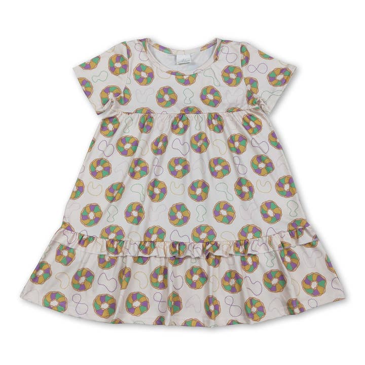 Robe de fille imprimée de beignets violets, verts et jaunes pour Mardi Gras pour la vente par Yawoo Garments