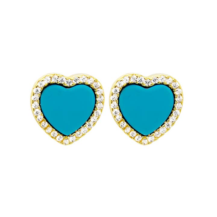 Pendientes chapados en oro con turquesa de ley y corazón con circonita cúbica para venta al por mayor de Dlux Jewels