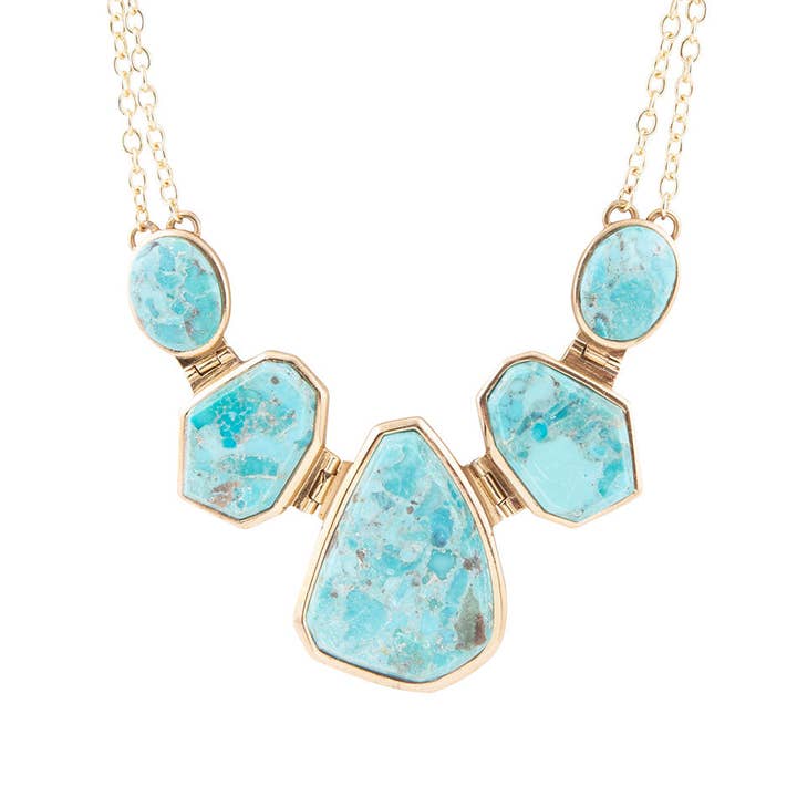 Slabs of Blue Turquoise Golden Statement Necklace for wholesale by Barse Jewelry