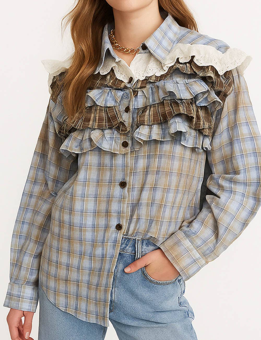 Sweetkama – wholesale Buttoned-down shirt – Women's – Ladies Plaid Print Tiered Ruffle Trim Button Down Shirt0