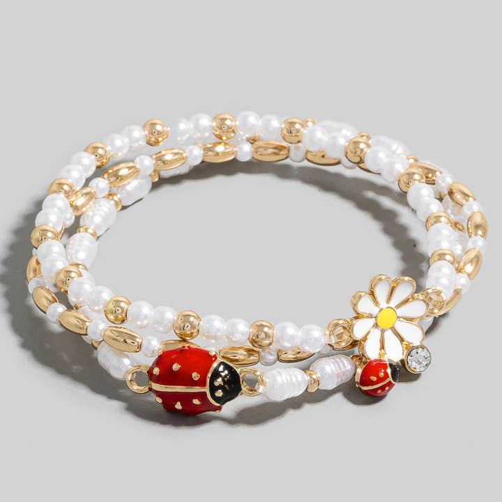G Enamel Flower And Lady Bug Pearl Beaded Bracelet Set for wholesale on Faire1