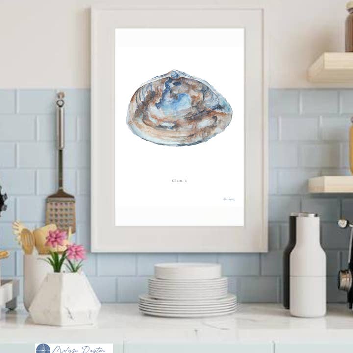 Clam 4 Watercolor art print | Modeled Shell Blues, Browns for wholesale by Melissa Dayton Art and Design
