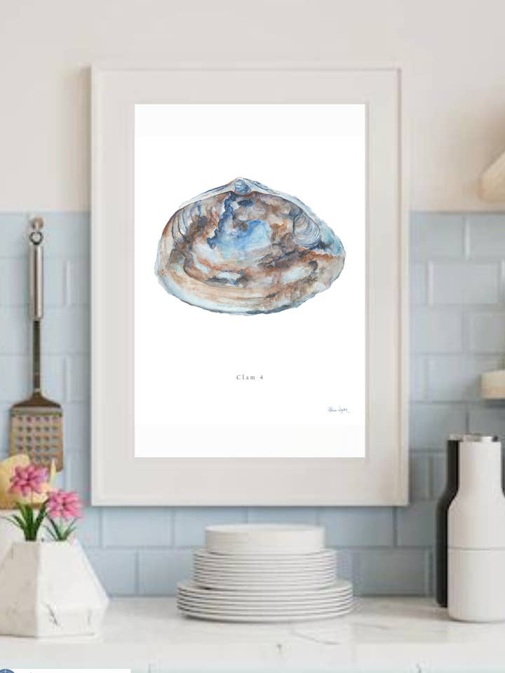 Clam 4 Aquarell Kunstdruck | Modeled Shell Blues, Browns für den Großhandel von Melissa Dayton Art and Design