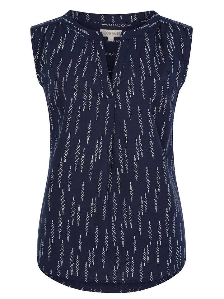 Sunrise Bluse - Diamantprint Navy - Økologisk bomulds hørblanding for engroshandel hos Mudd & Water