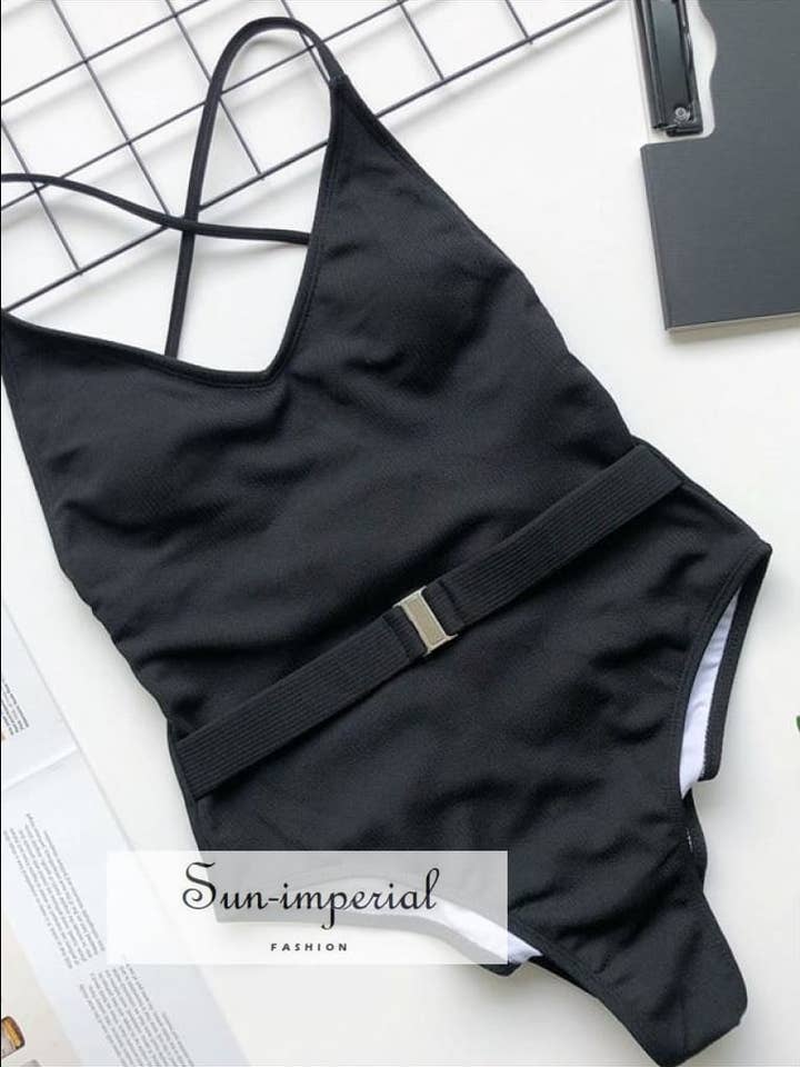 Black Criss Cross Back One Piece Swimsuit With Buckle Belt for wholesale by Sun Imperial