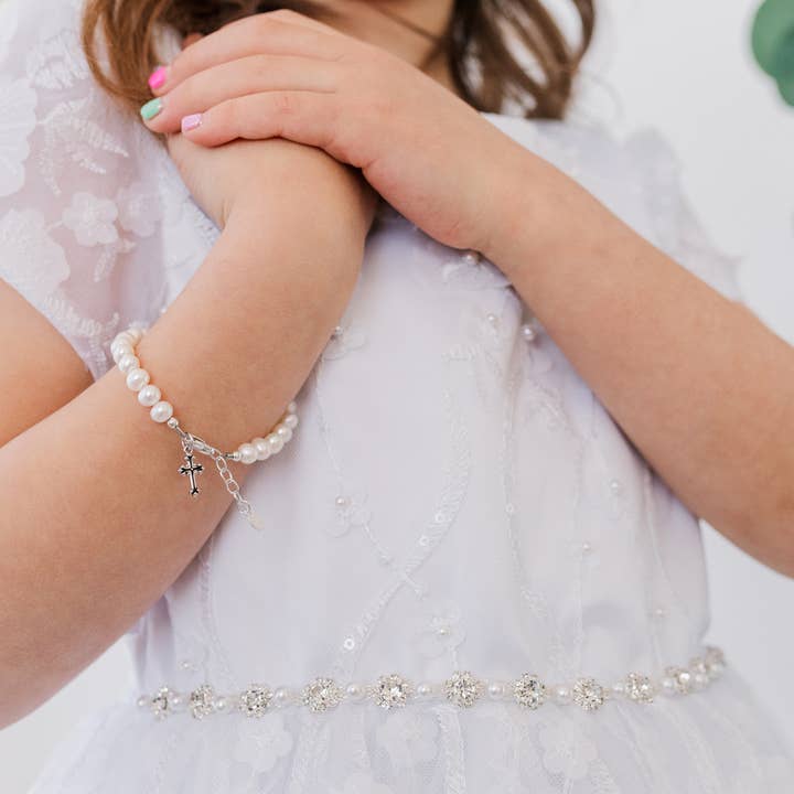 Cherished Moments - Wholesale Beaded Bracelet - Kids - Girls Silver Pearl Cross Baby Baptism and Communion Bracelet