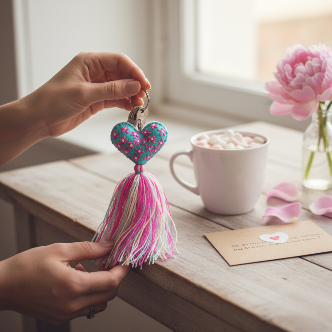 Lumily - Vente Porte-clés – femme - Porte-clés cœur brodé avec pompon - Mexique1
