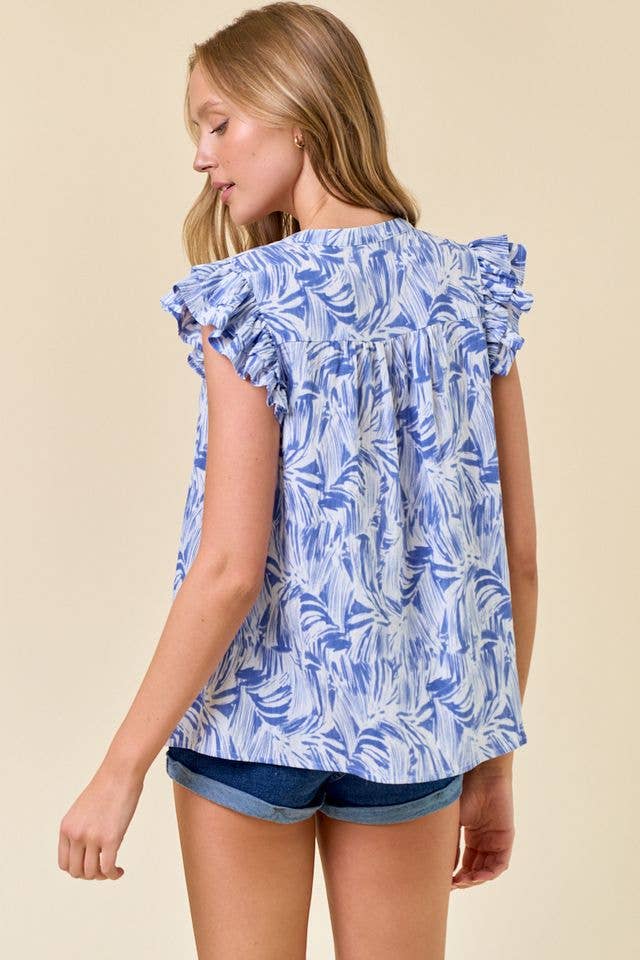 Doe and Rae - Wholesale Blouse - Women's - Abstract Print V-Neck Double Ruffled Cap Sleeve - 44961T3
