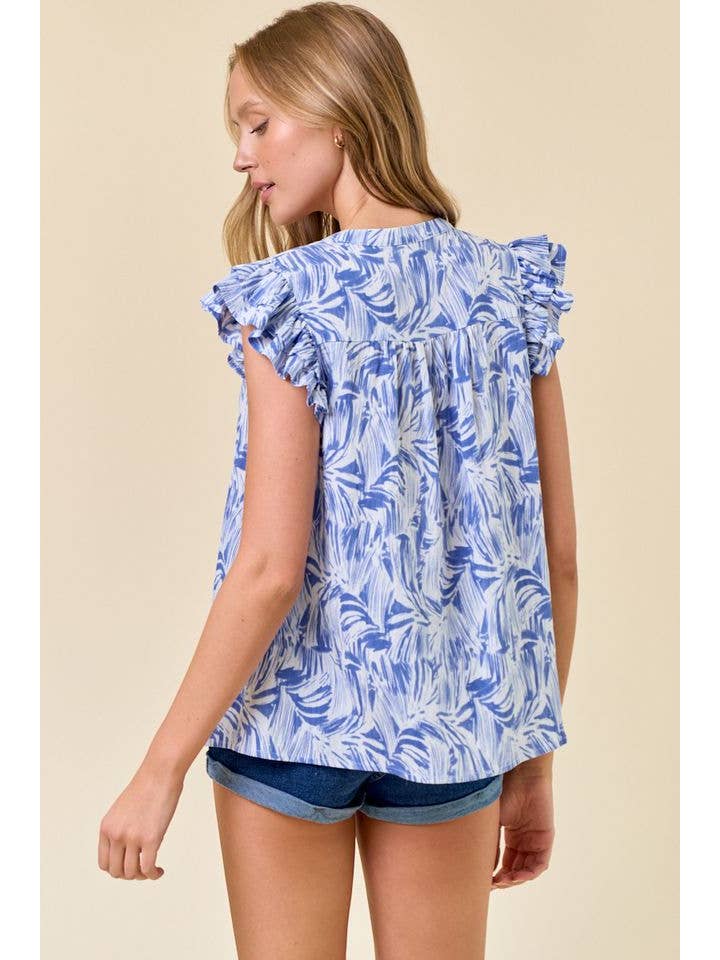 Doe and Rae - Wholesale Blouse - Women's - Abstract Print V-Neck Double Ruffled Cap Sleeve - 44961T3