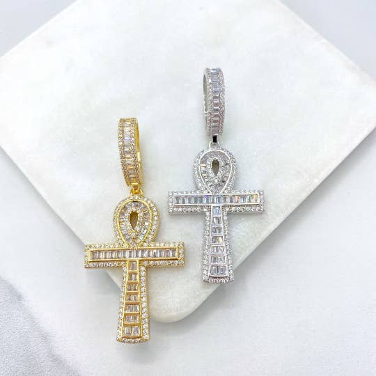 18k Gold Filled or Silver Filled Micro Cubic Zirconia & Baguette Ankh Cross Shape Pendant Only, with Large Bail for wholesale by Luxus Accessories