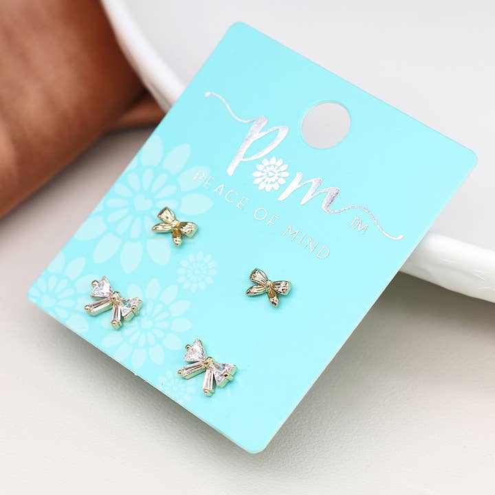Faux Gold Bows And Crystal Bows Double Stud Earring Set for wholesale by Peace Of Mind