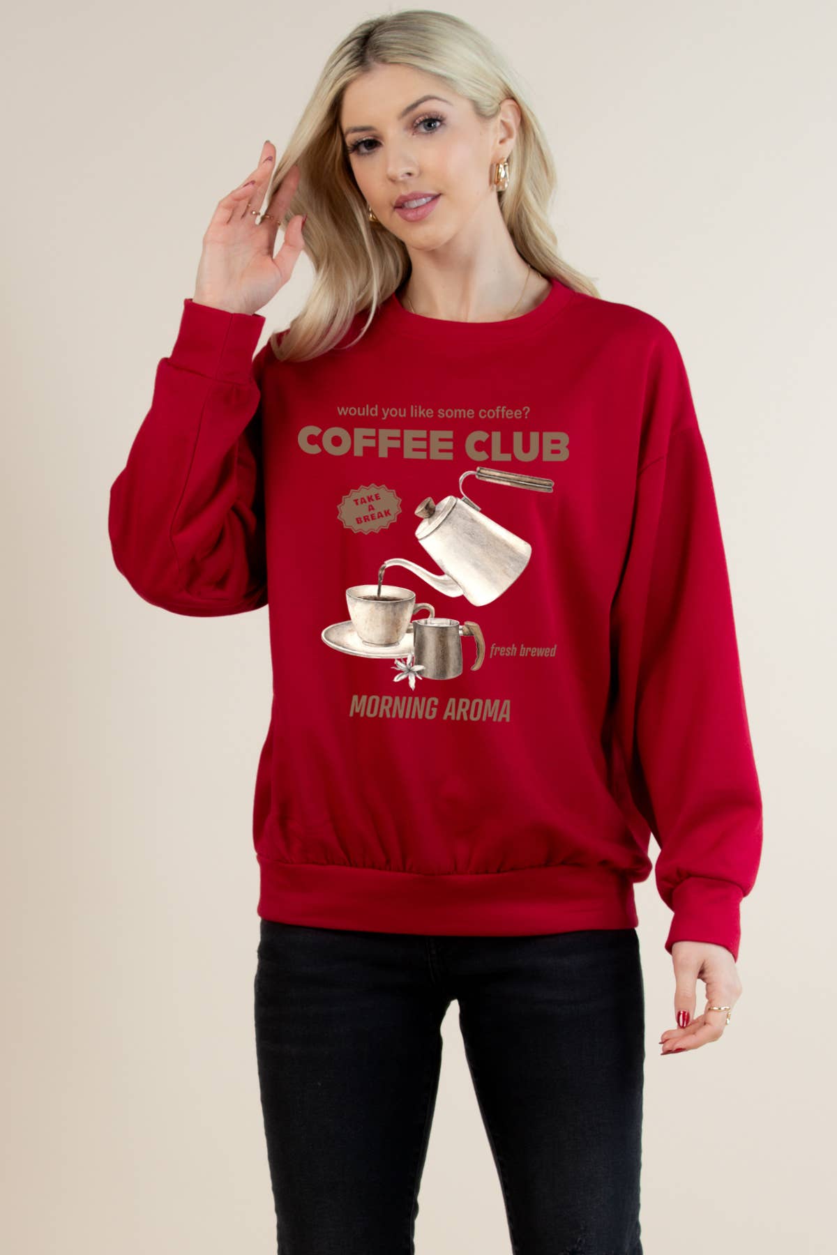 Nylon Apparel - Wholesale Graphic Sweatshirt - Women's - T1005-6565-Cecila Coffee Club Print Sweat Shirts0