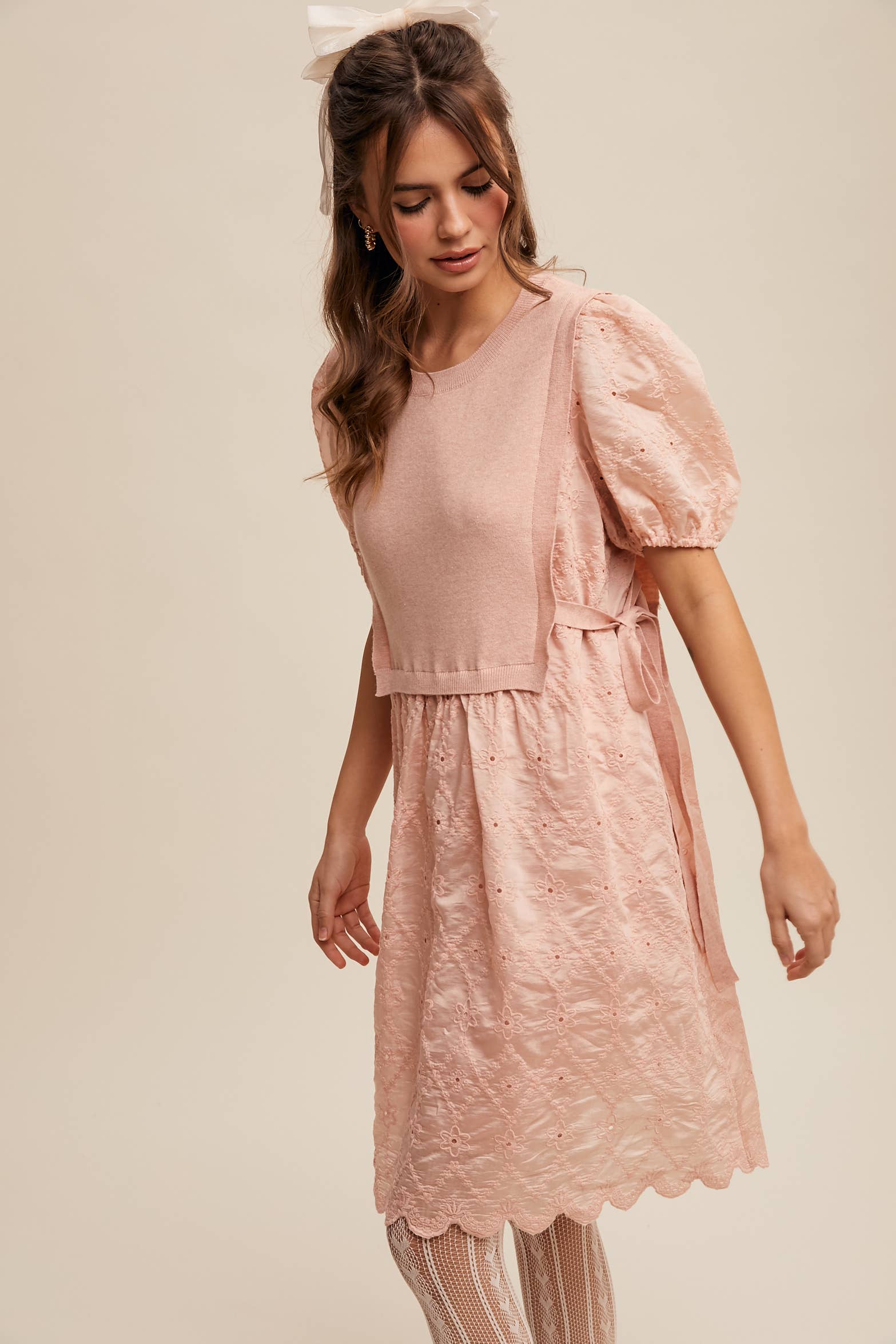 Listicle - Wholesale Dress - Women's - Embroidered Puff Sleeve Dress with Knit Vest3