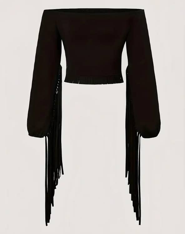Brown Long-Sleeve Cowboy Fringe Crop Top for wholesale on Faire1