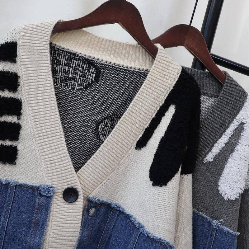 Productseeker - Wholesale Knit Top - Women's - JK104 Patchwork Denim Knitted Cardigan Sweater Jacket4