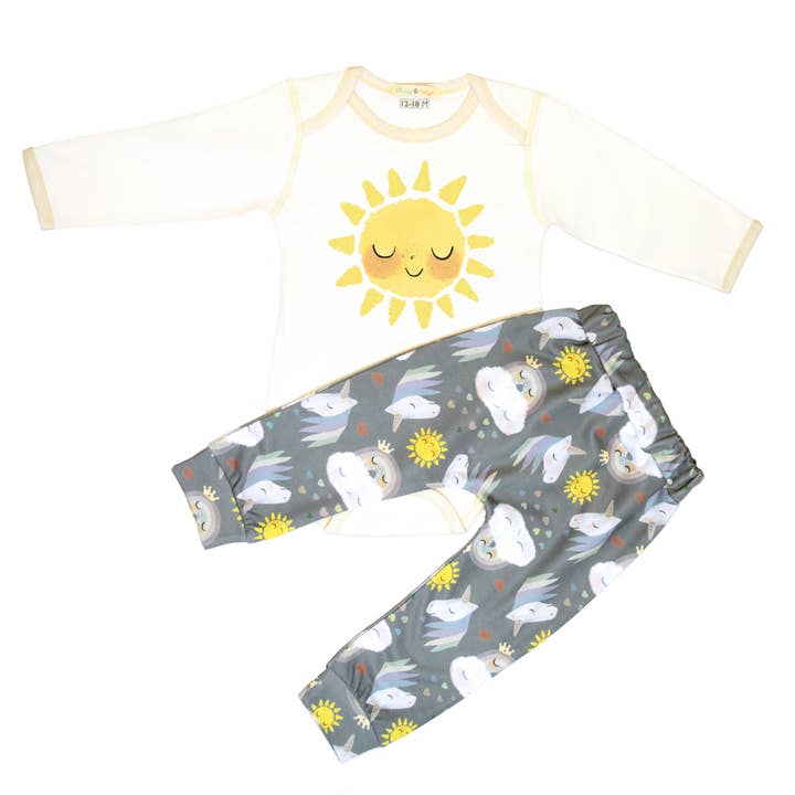 Sun onesie + sun, clouds, rainbows print pant set for wholesale by Olly & Arya