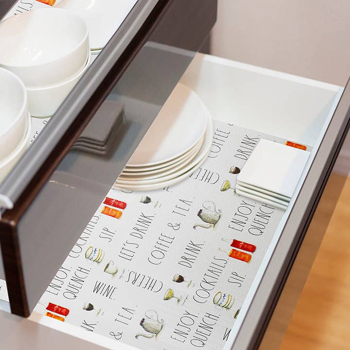 DesignStyles Home - Wholesale Placemat - Rae Dunn "Let's Drink" Roll of Non-Adhesive Drawer and Shelf Liner1