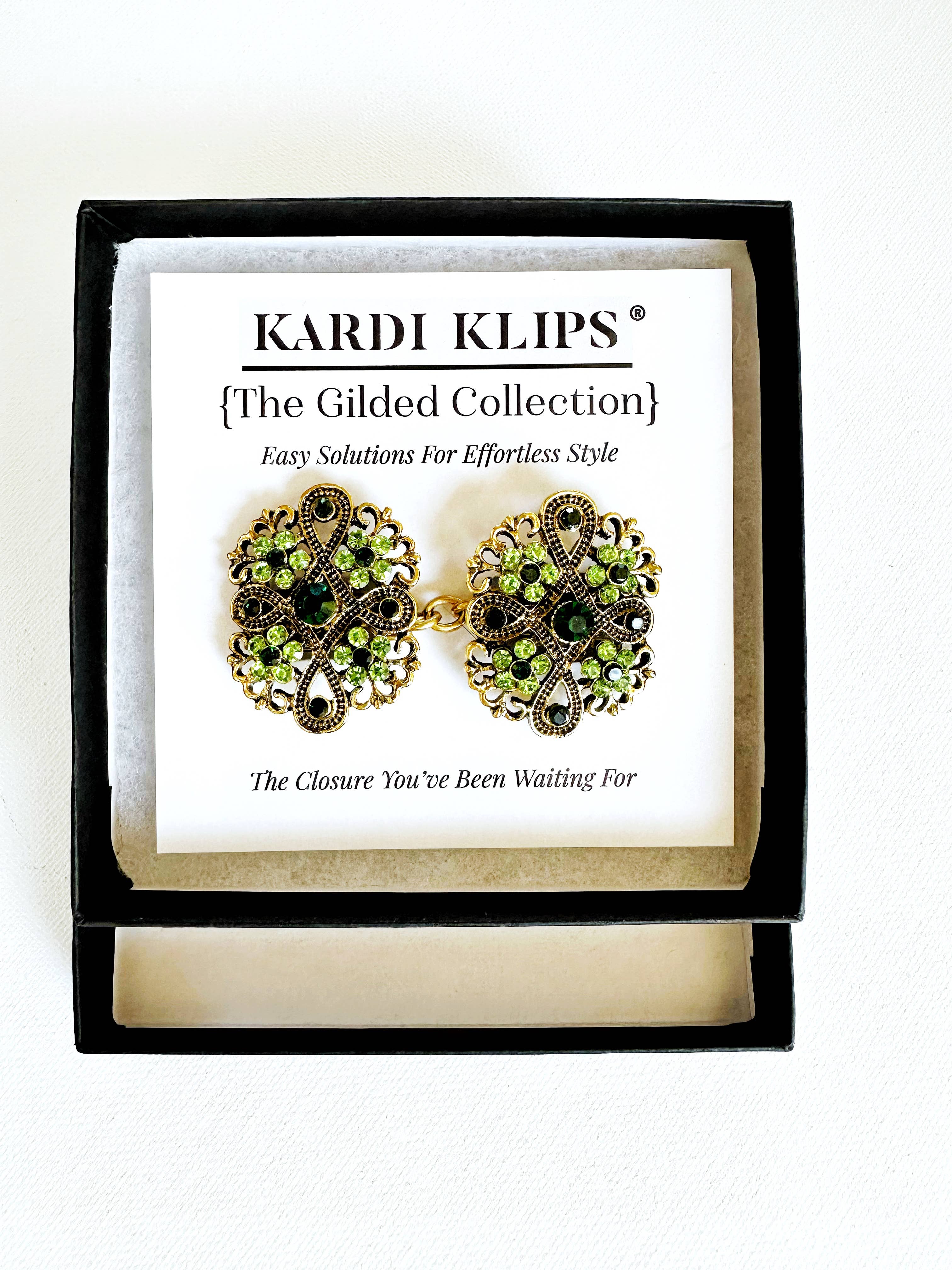 KardiKlips - Wholesale Brooch - Green & Gold Cinch Clip, Gilded Sweater Clasp KardiKlip5