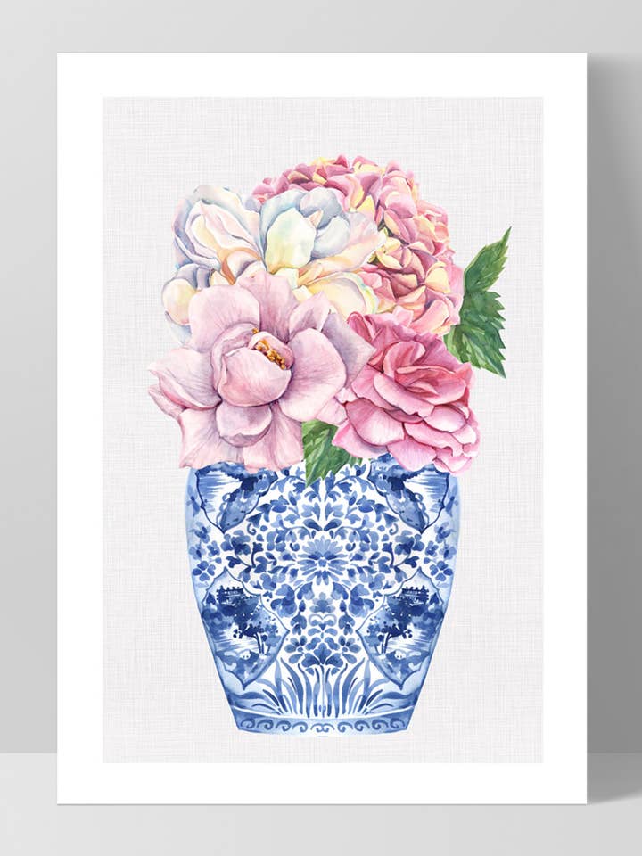 Impressão em frasco de gengibre com peônias florais. Impressão em aguarela Hamptons por atacado de PRINT AND PROPER