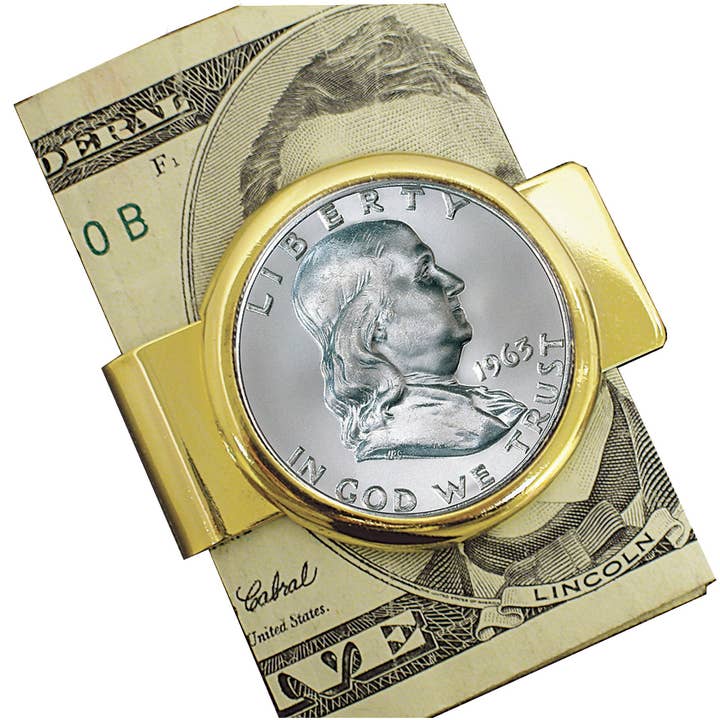 Franklin Silver Half Dollar Goldtone Coin Money Clip for wholesale by American Coin Treasures