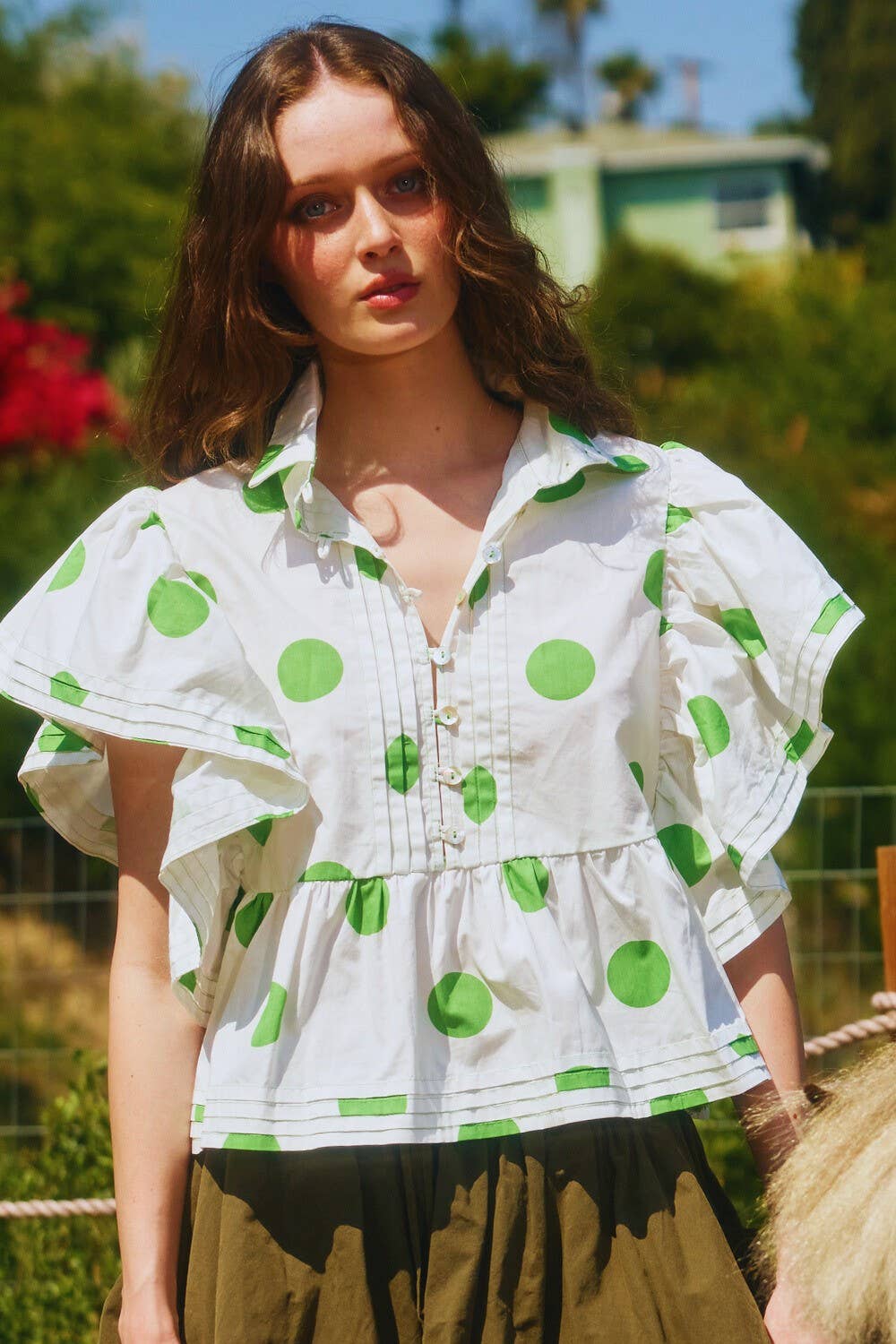 BUCKETLIST INC - Wholesale Blouse - Women's - IT2337 Ruffle Sleeves Pintuck Detail Polka Dot Print top4