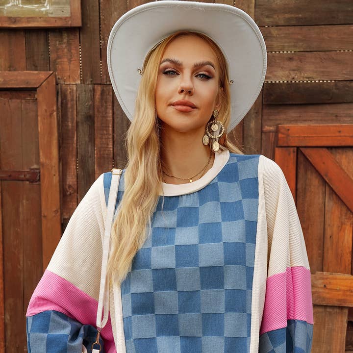 Fashion-W Checkered Denim Exposed Seam Patch Sweatshirt for wholesale by fashionworks