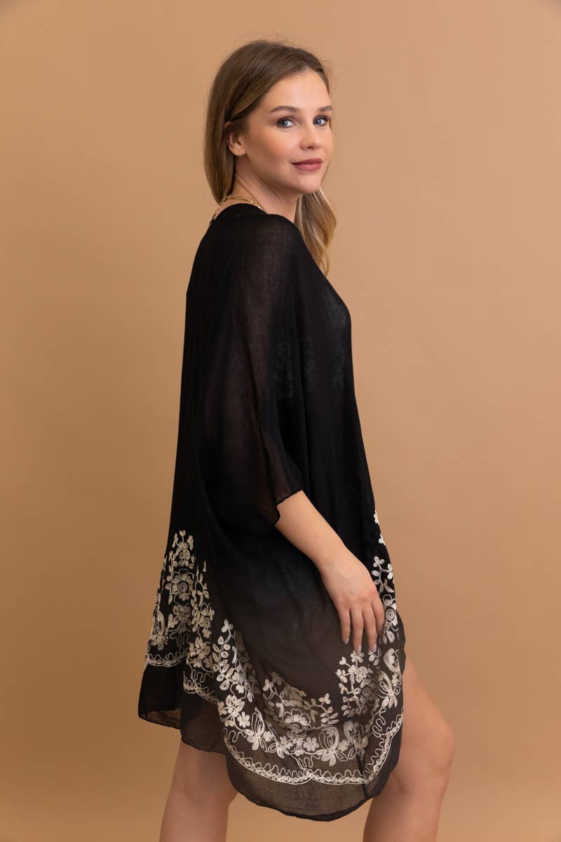 Leto Accessories - Vente Kimono – femme - Kimono brodé floral style bohème chic avec détails en points et pompons 🌼19