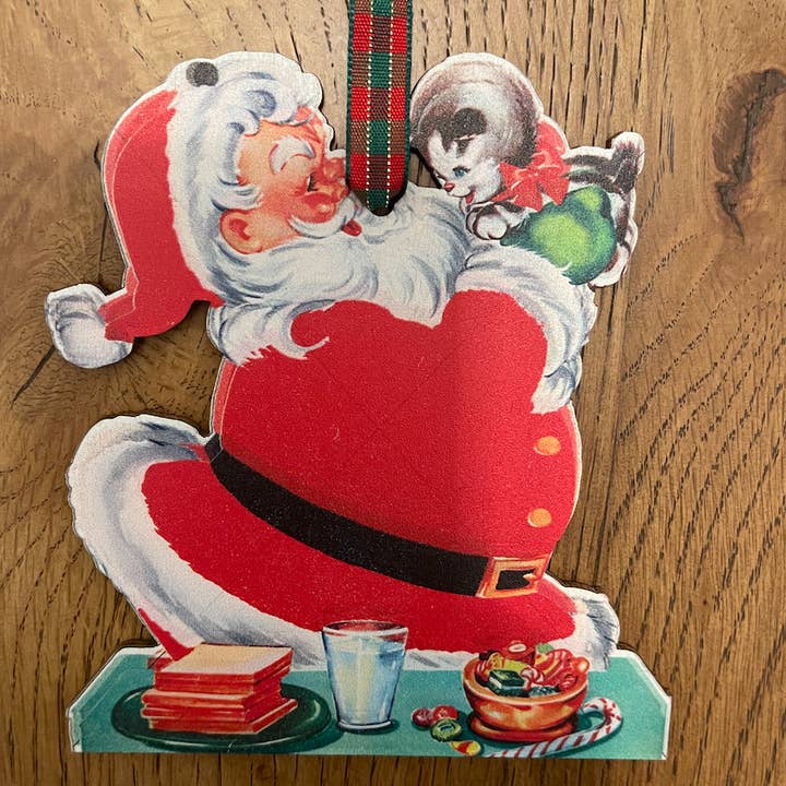 Vintage Santa Holding Valp Trä Prydnad för wholesale av Barrel Down South