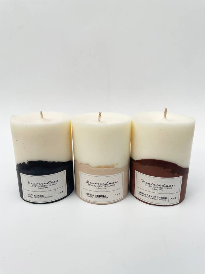 Oud Pillar Candles for wholesale by Maureen Luxe Studio