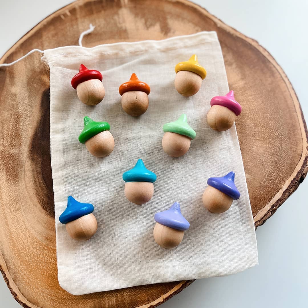 Three Yellow Starfish LLC - Wholesale Wood Toy - Kids - 10 Montessori Rainbow Counting Acorns3
