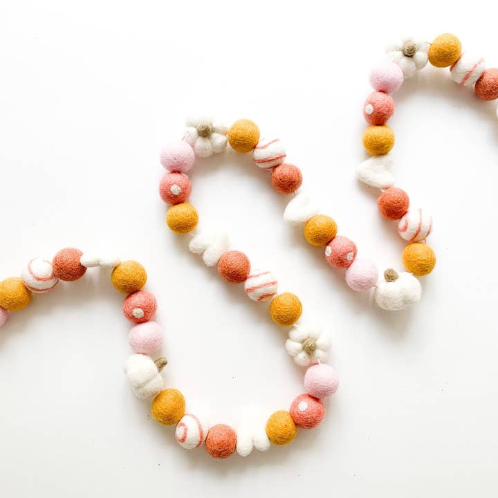 Sweet Pumpkin Felt Ball Garland w/ Hearts for wholesale by Pearl & Jane