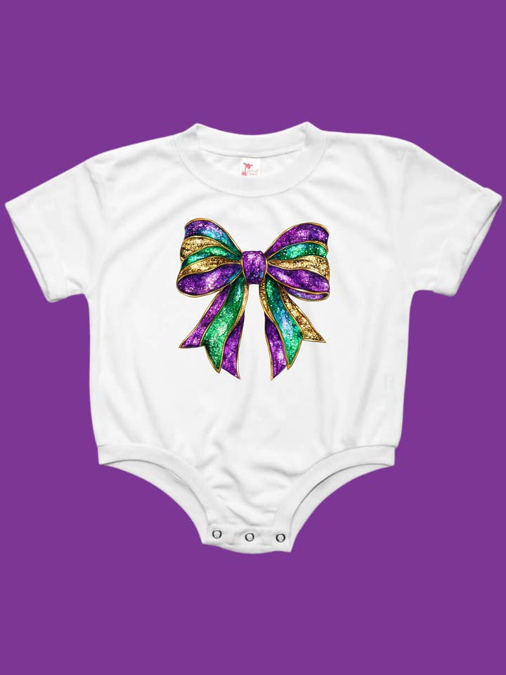Faux Sparkly Mardi Gras Bow Baby Bubble Romper for wholesale by Uncommon Label