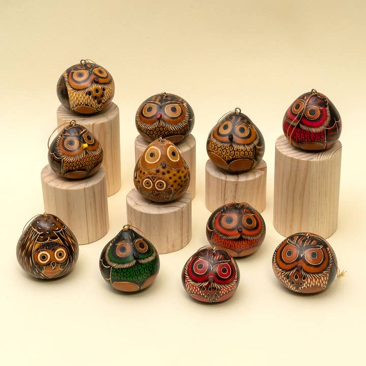 Lucuma Designs - Wholesale Ornament Set - Owls Mini Mix- Gourd Ornament - Fair Trade Gift