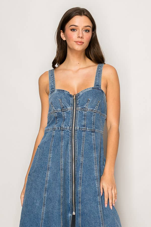 C7034 - FRONT ZIPPER HALTER NECK DENIM DRESS for wholesale on Faire2