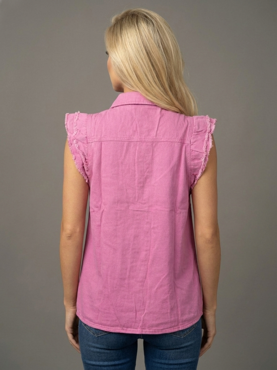 LTX Sportswear - Wholesale Button Down Shirt - Women's - Style 58039 Pink Denim Ruffle Trim sleeve Button Top1