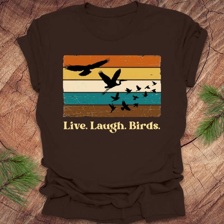 Live. Laugh. Birds. Retro Tee for wholesale by Wandering Owl Adventure Co.