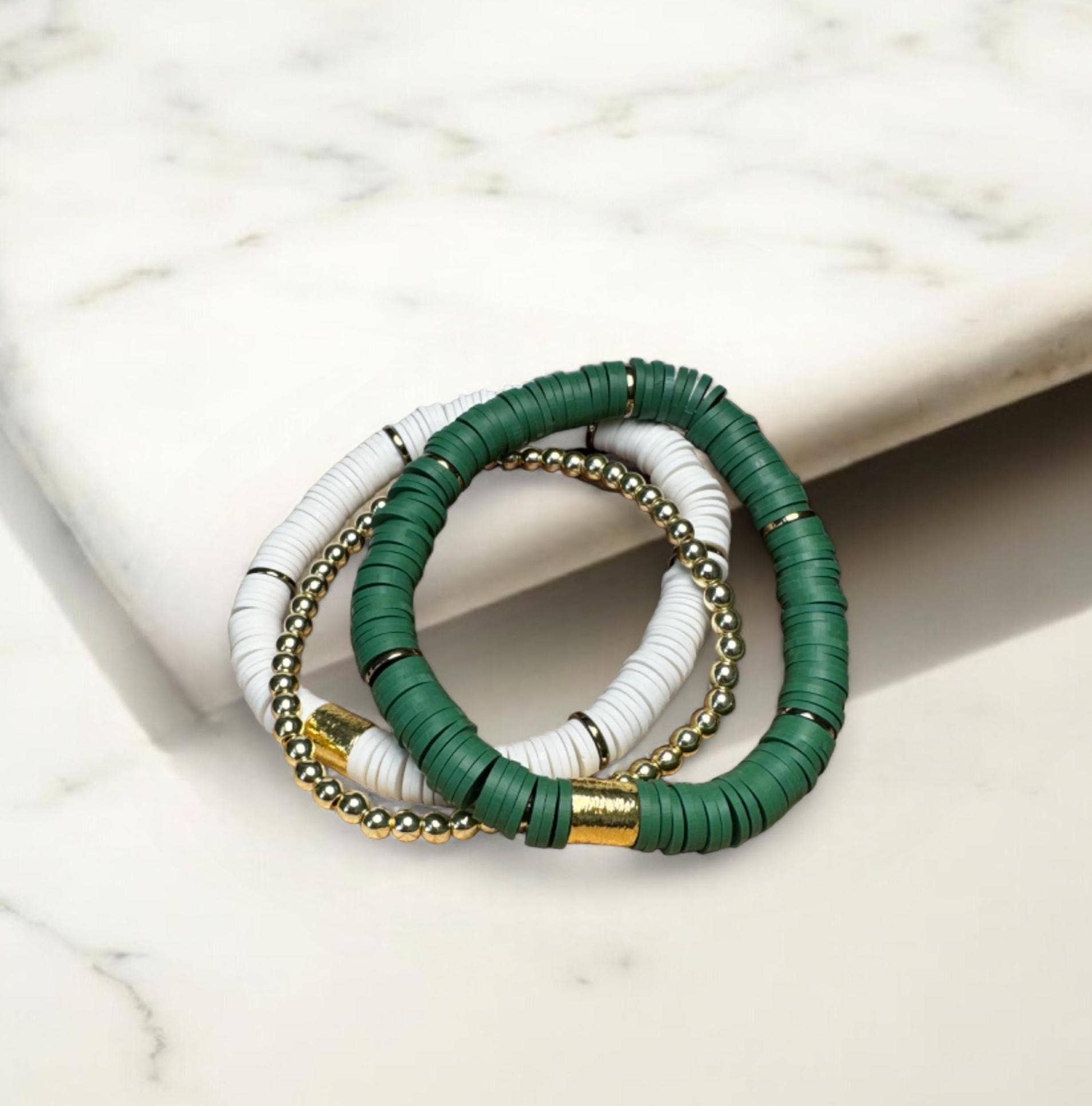 Fish Towne Designs, LLC - Wholesale Jewelry Set - Green and White Game Day Bracelet Stack7