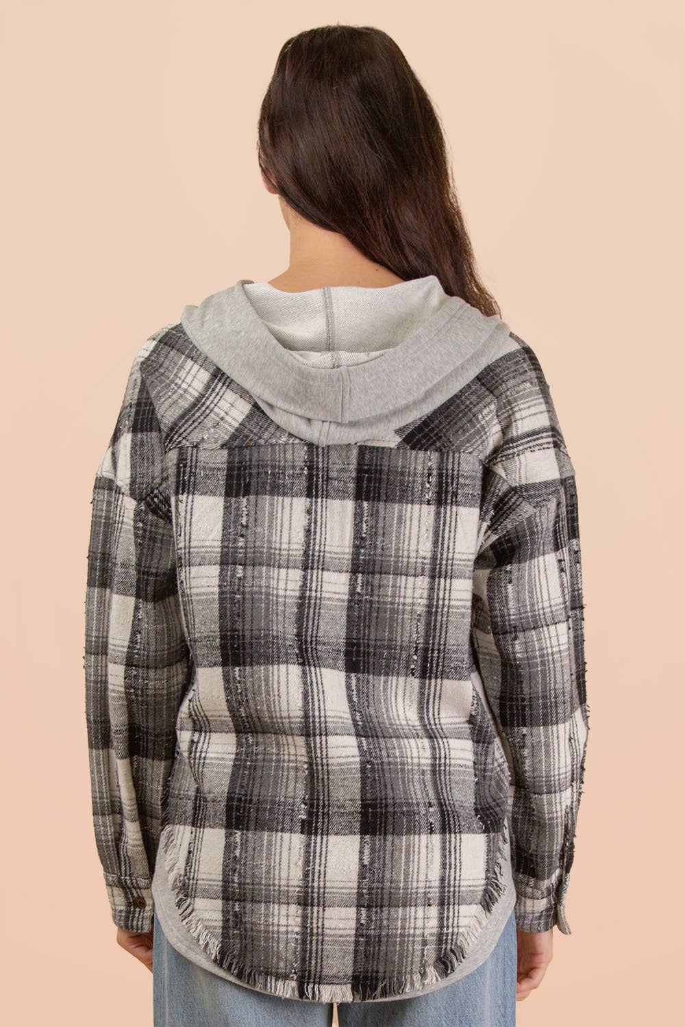 VERY J - Wholesale Jacket - Women's - NT12253-Oversized Flannel Hooded Button Down Jacket20
