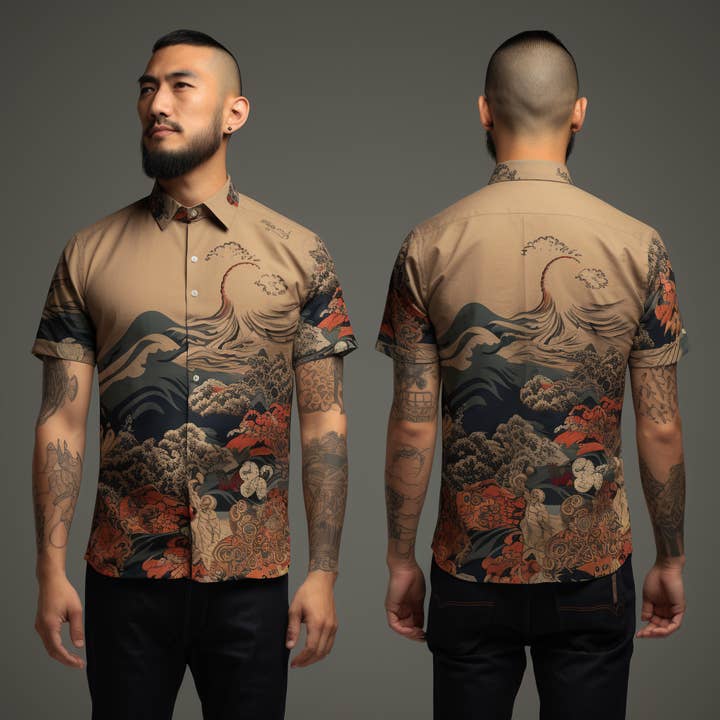 Indviklet japansk Ukiyo-e Pattern Dark Retro Herre skjorte for engroshandel hos NeoShores