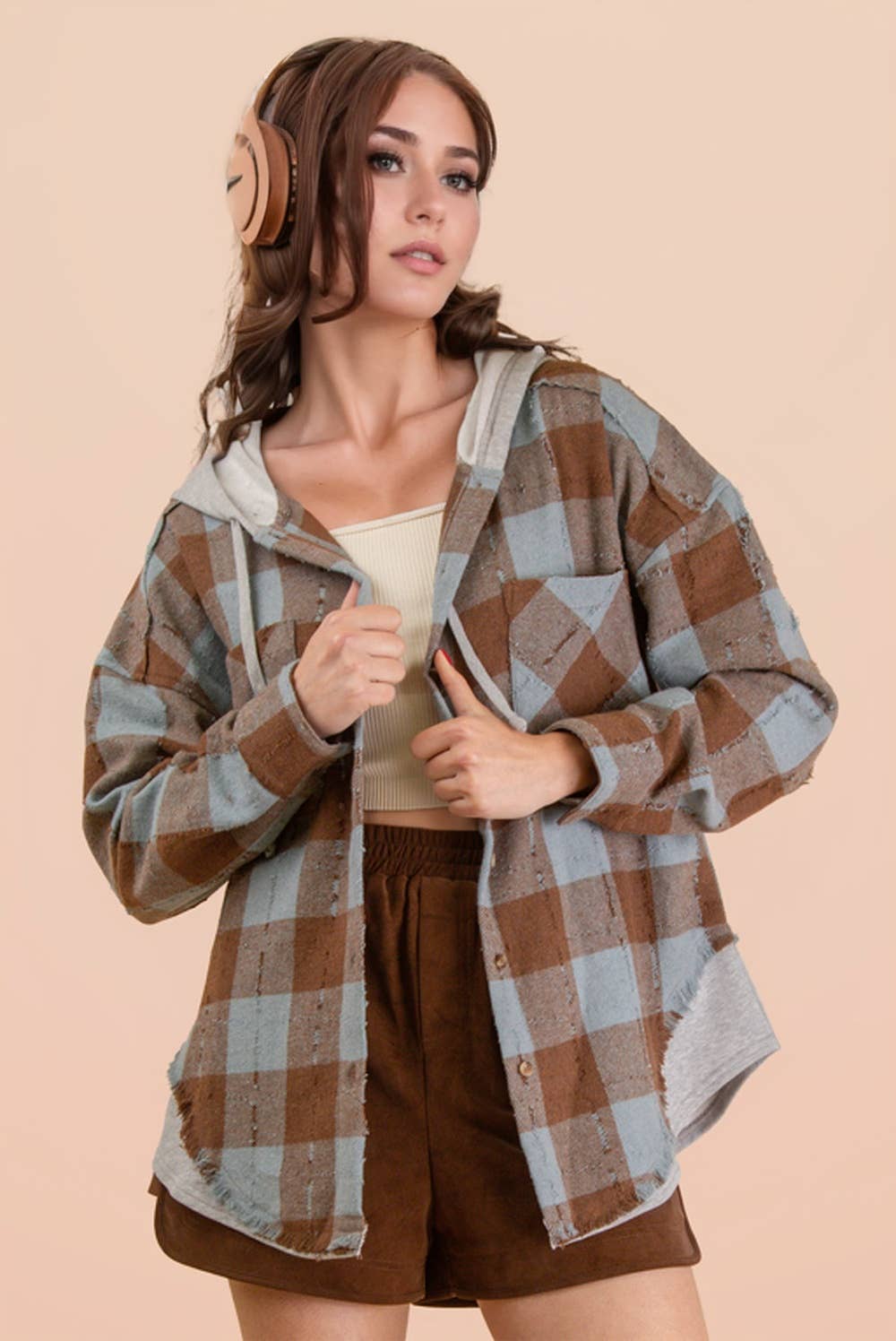 VERY J - Wholesale Jacket - Women's - NT12253-Oversized Flannel Hooded Button Down Jacket23